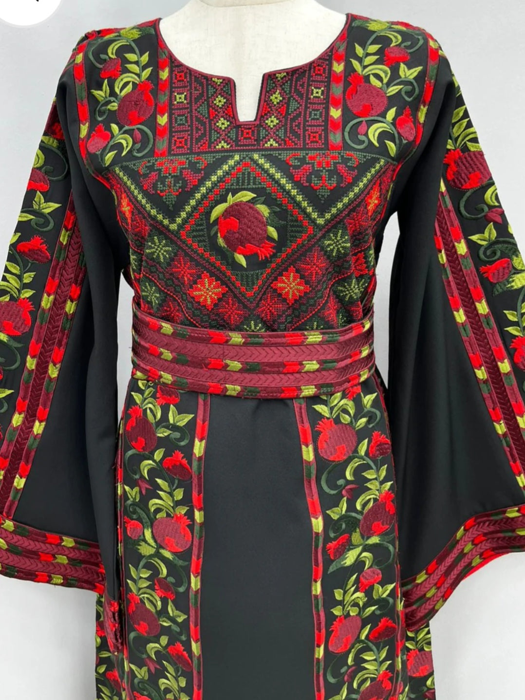 Romana Pomegranate Thobe/Dress Black and Red Traditional Full Tatreez Back and Front Thobe