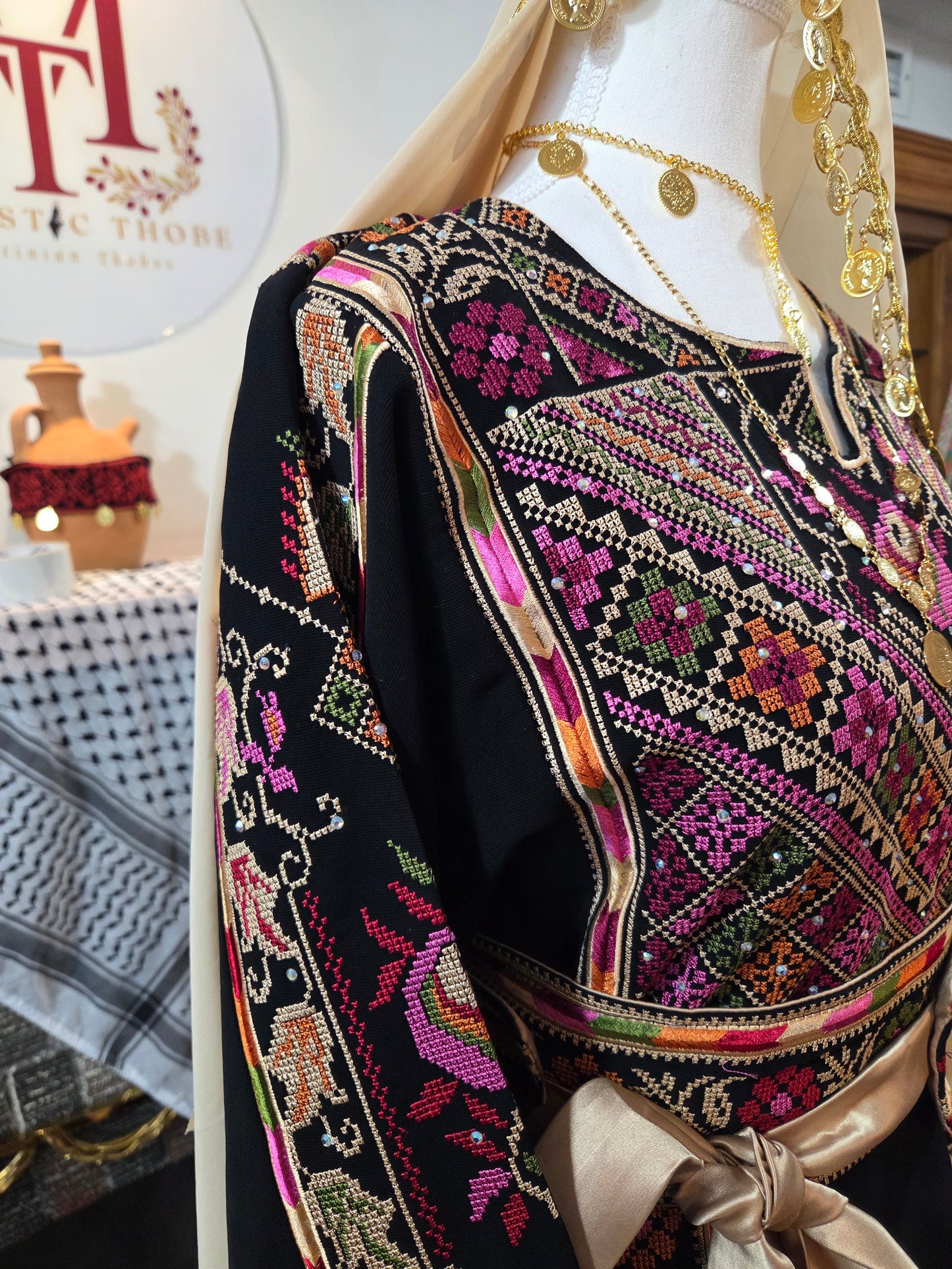 Tulip Thobe - Black Flower Traditional Full Tatreez Back and Front Palestinian Thobe