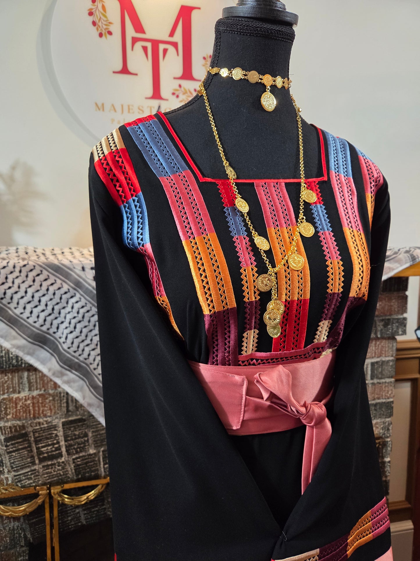 Lara Thobe - Multicolor Satin Pink Sleeve Thobe Tatreez Thobe