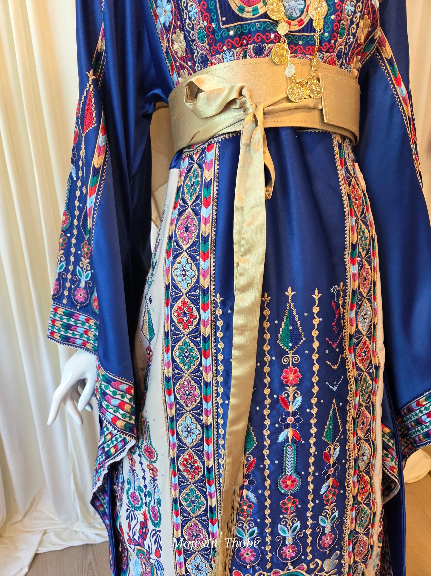 The Celine Thobe - Palestinian Embroidered Blue & Golden Thobe with Matching Head Veil, Belt & Extra Long Sleeves | Traditional Tatreez Dress
