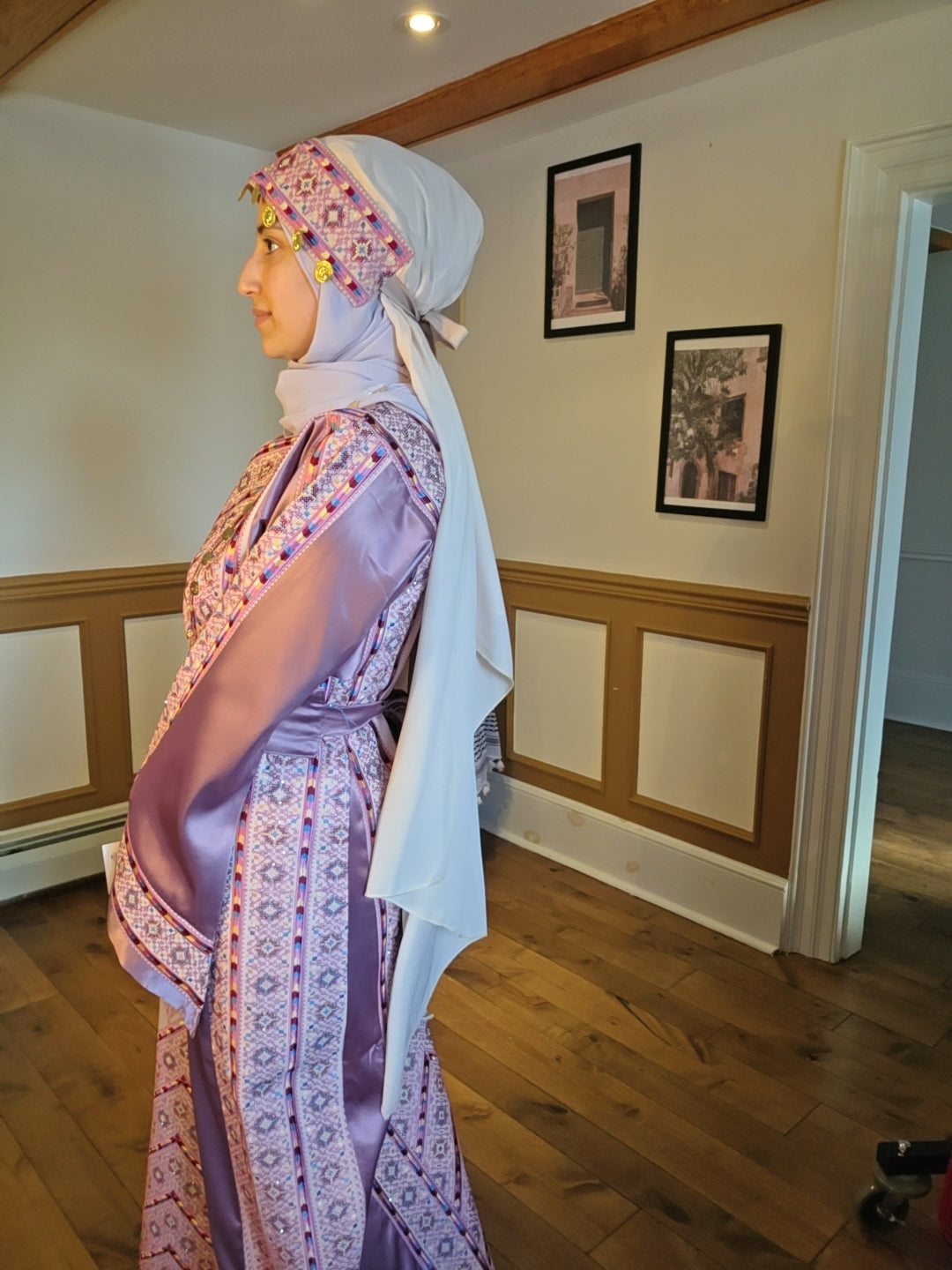 Nabuls Thobe - Lilac and Beige Traditional Full Tatreez Thobe ( No veil)