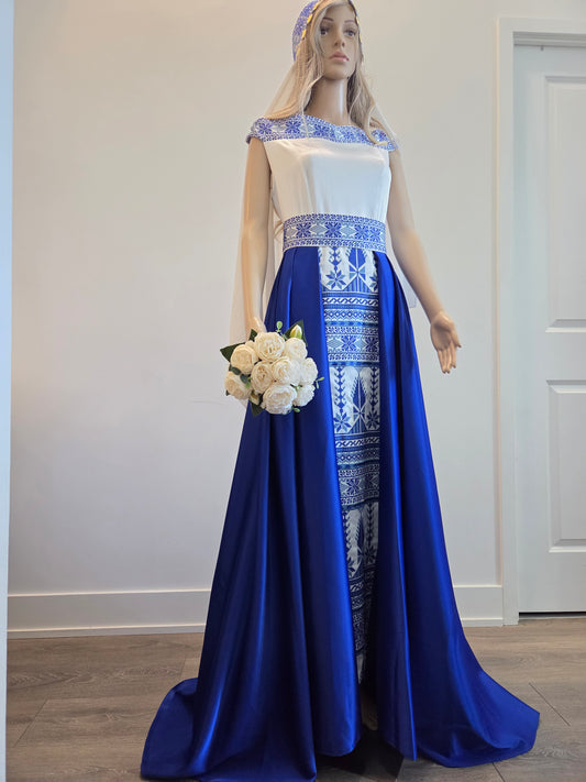Yaffa Thobe - Blue and White Bridal sleeveless long Tail Thobe dress (Embroidered Tatreez Palestinian Jordanian Thobe)