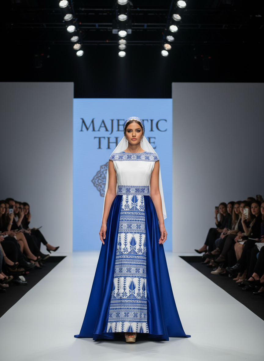 Yaffa Thobe - Blue and White Bridal sleeveless long Tail Thobe dress (Embroidered Tatreez Palestinian Jordanian Thobe)