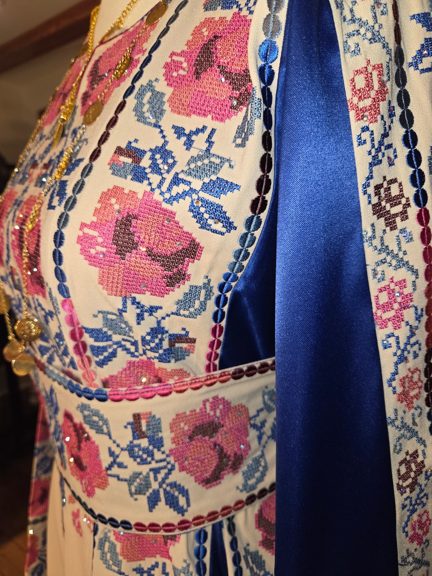 Warda Thobe - Blue & Pink Traditional Full Tatreez Back and Front With Satin Thobe