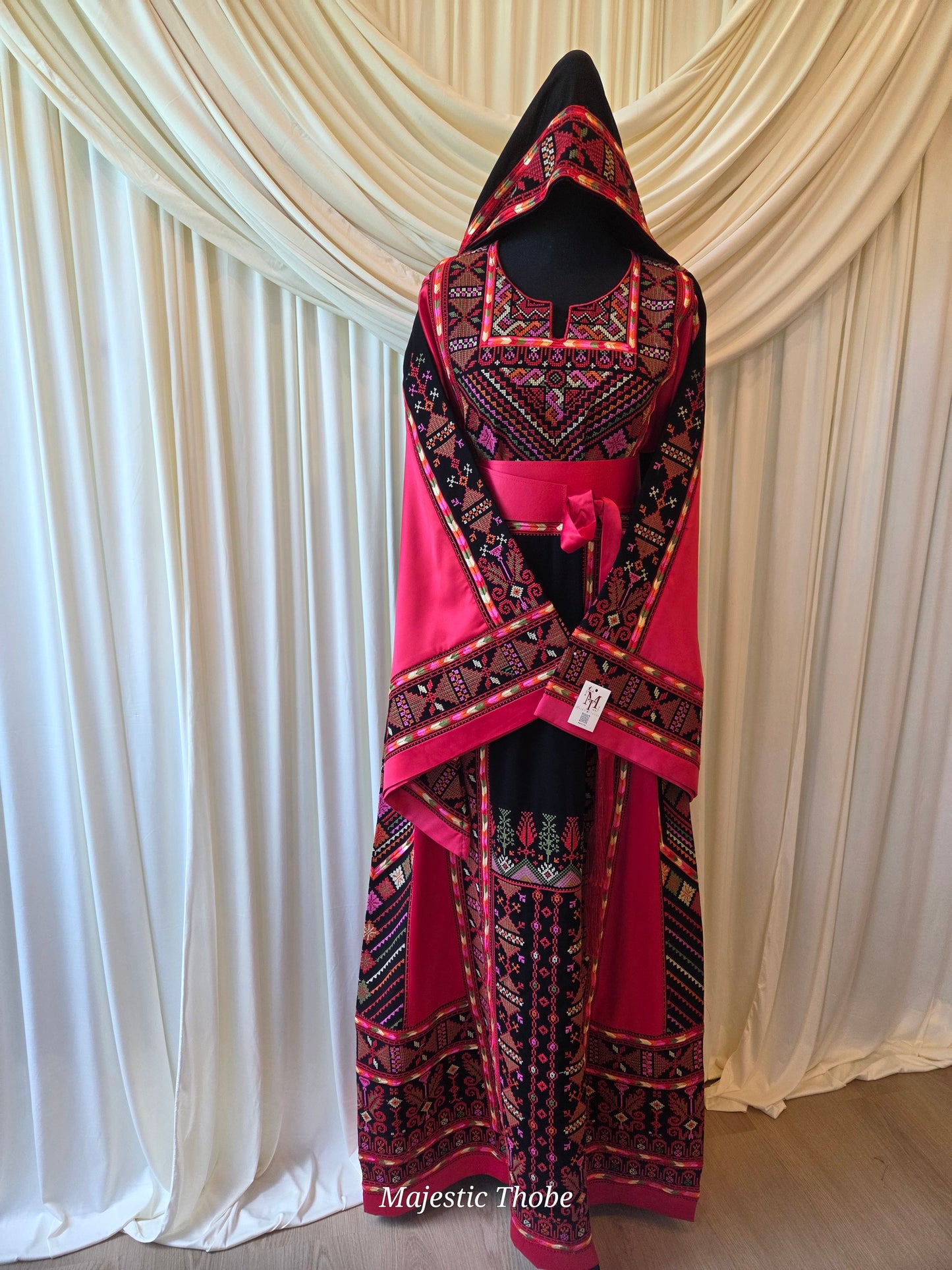 The Ella Thobe -  Black & Red Diamond Traditional Full Tatreez Back and Front Thobe With Matching Head Veil