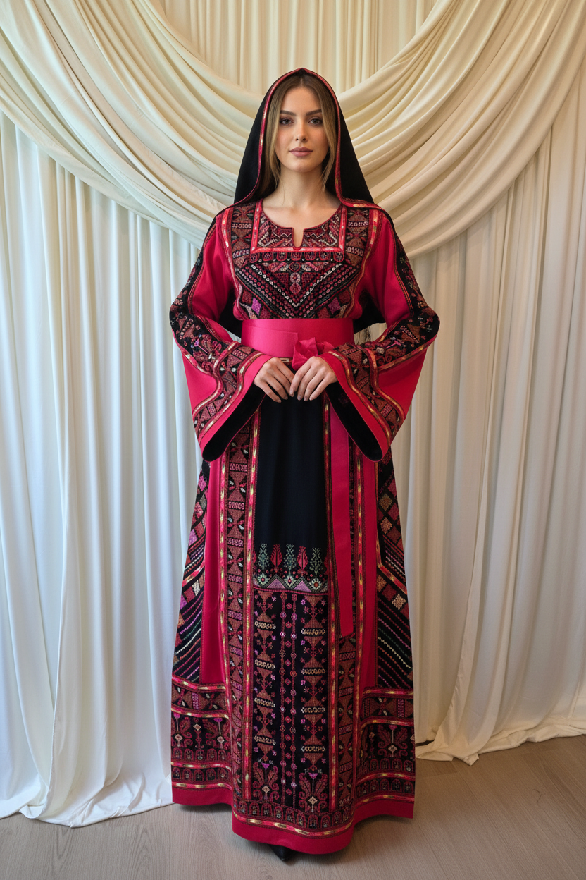 The Ella Thobe -  Black & Red Diamond Traditional Full Tatreez Back and Front Thobe With Matching Head Veil