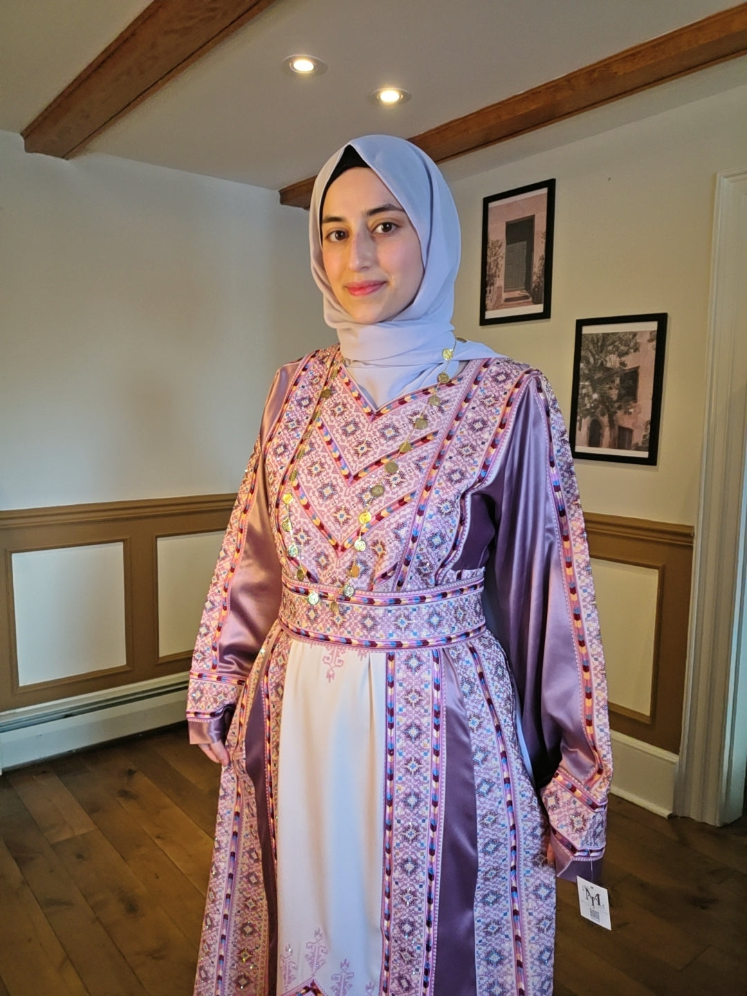 Nabuls Thobe - Lilac and Beige Traditional Full Tatreez Thobe ( No veil)