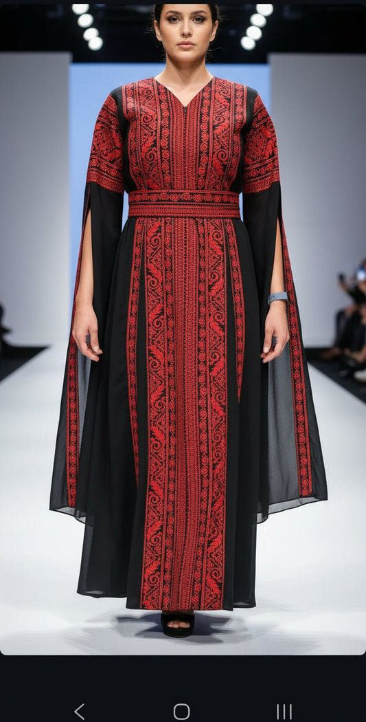 Black & Red Extra Long Sleeve Full Embroidered Palestinian Thobe (3 pieces) - Al Tulkarem Thobe