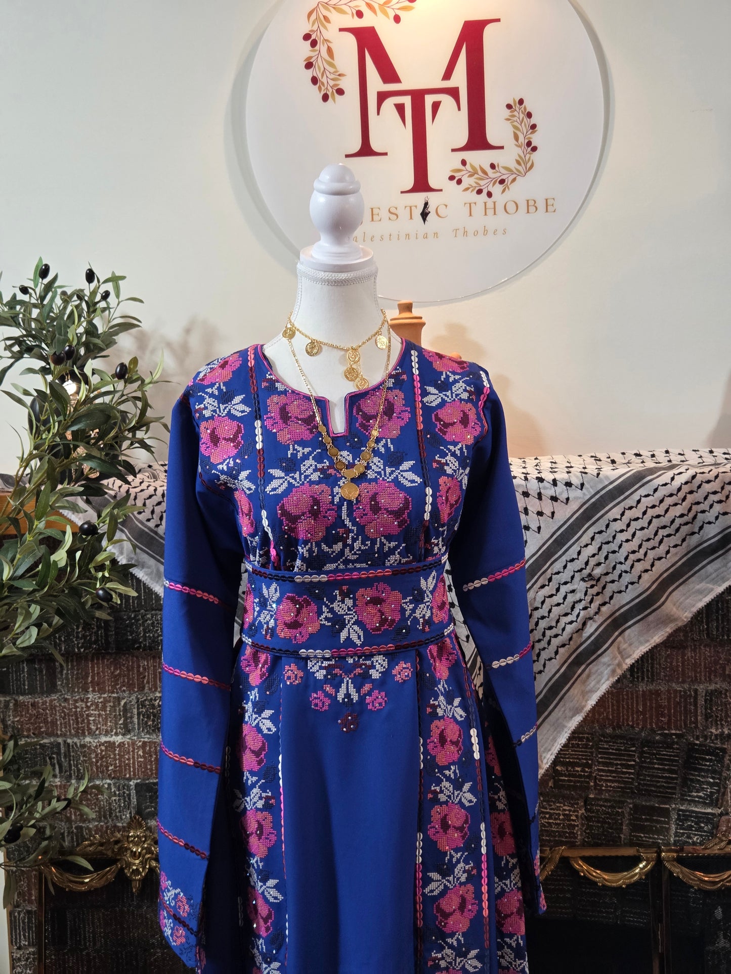 Warda Thobe - Full Blue Traditional Full Tatreez Back and Front With Satin Thobe