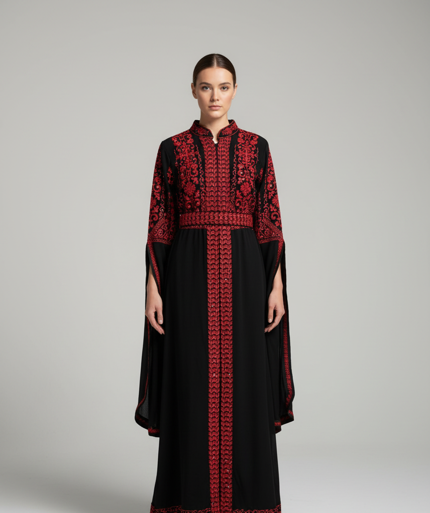 Red & Black Extra Long Sleeves Full Top Embroidery & Zipper Thobe (3 pieces) - Al Gaza Thobe