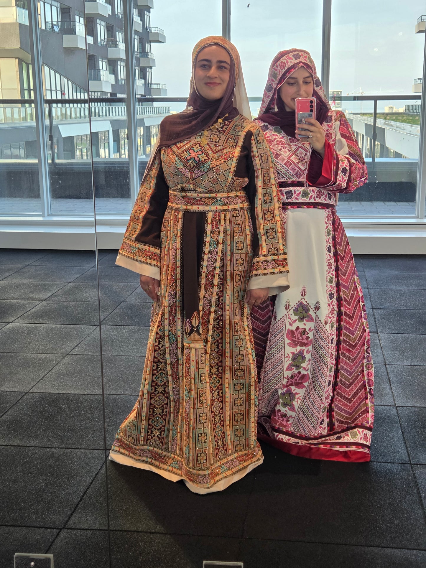 Shaima Thobe Brown Traditional Full Tatreez Back and Front Thobe With Matching head Veil