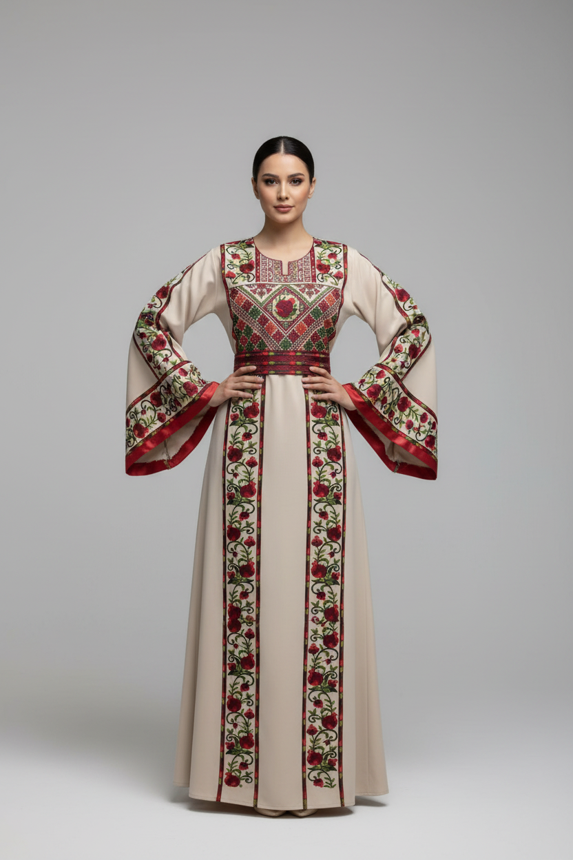 Romana Pomegranate Thobe/Dress Beige and Red Traditional Full Tatreez Back and Front Thobe