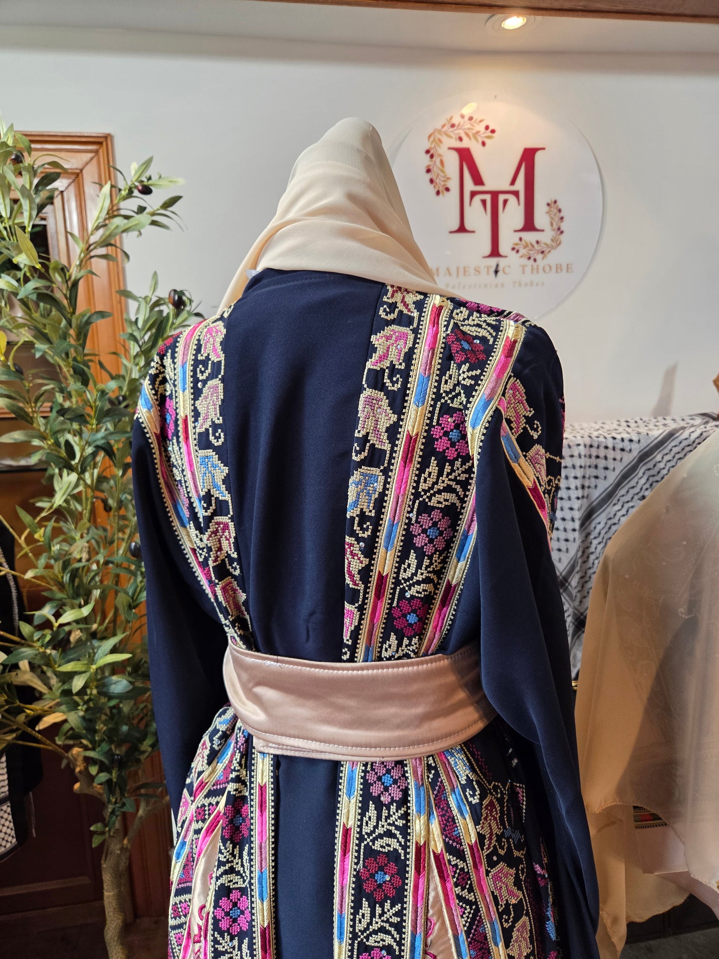 Tulip Thobe - Blue Flower Traditional Full Tatreez Back and Front Palestinian Thobe With Matching Head Veil