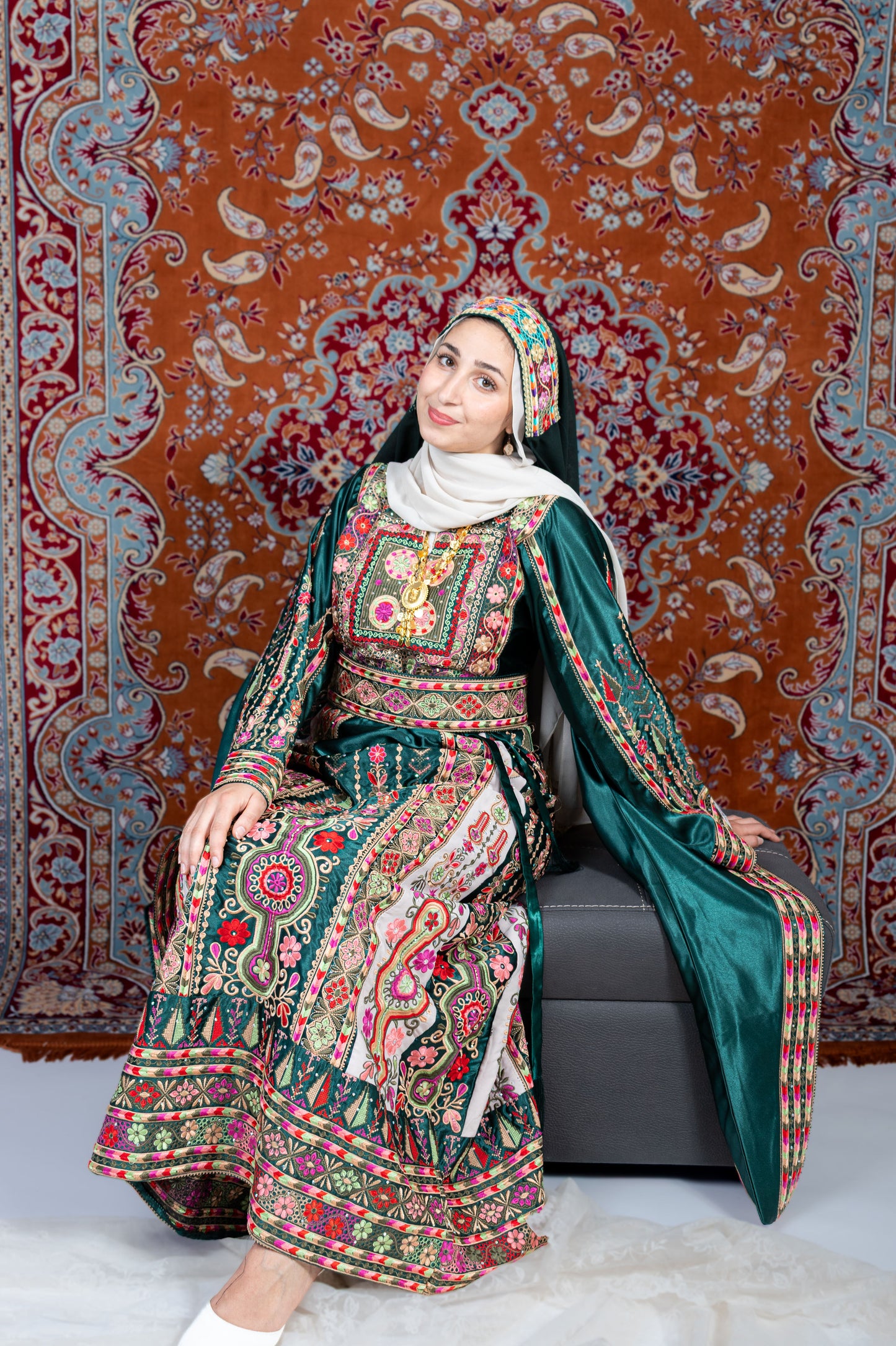 The Celine Thobe - Palestinian Embroidered  Emerald Thobe With Matching Head Veil, Belt & Extra Long Sleeves | Traditional Tatreez Dress