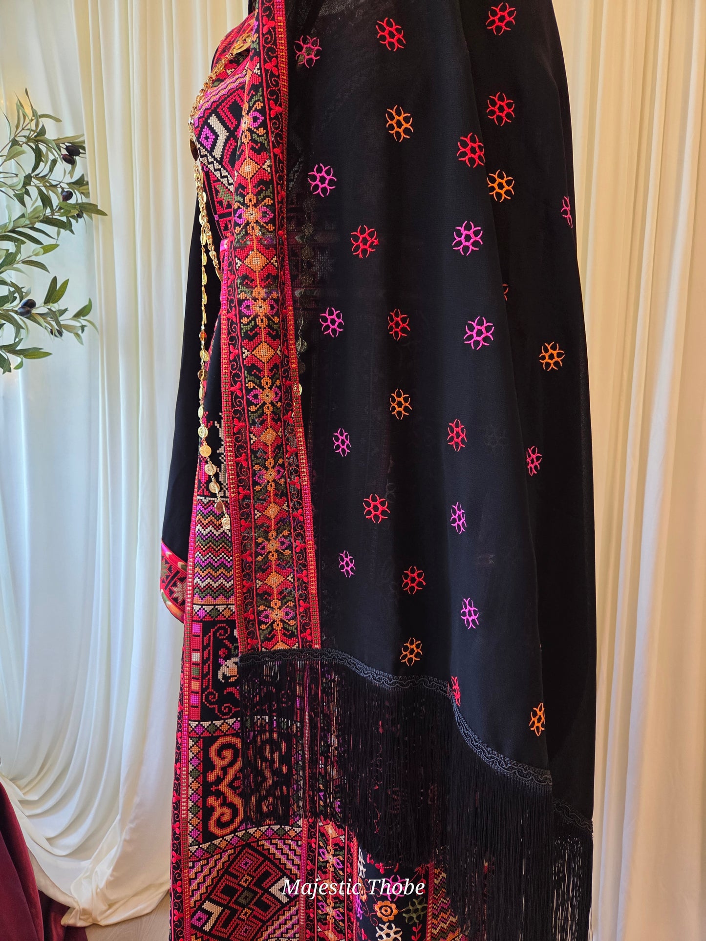 The Carmen Thobe - Palestinian Embroidered Black & Red Thobe with Matching Head Veil, Belt & Extra Long Sleeves | Traditional Tatreez Dress