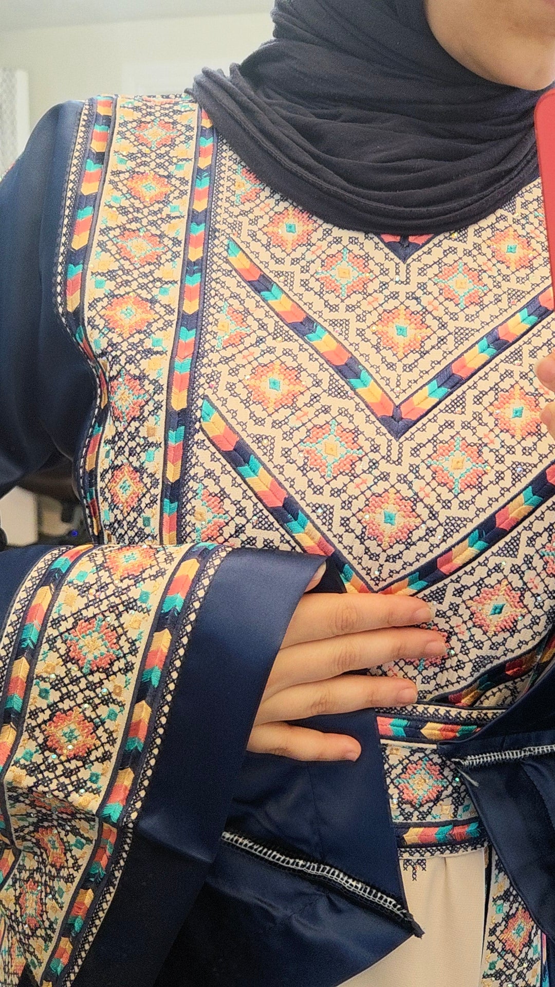 Nabuls Thobe - Navy and Beige Traditional Full tatreez back and front Thobe ( No veil)