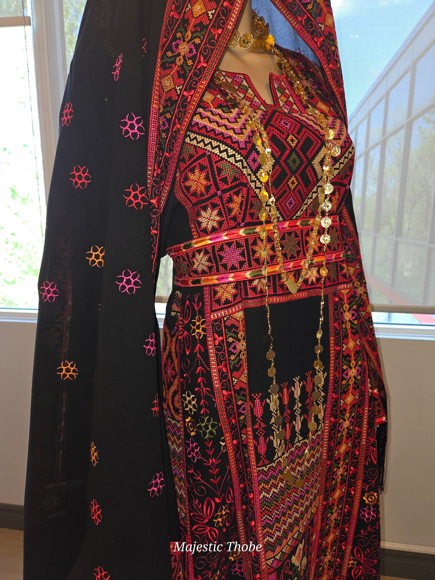 The Carmen Thobe - Palestinian Embroidered Black & Red Thobe with Matching Head Veil, Belt & Extra Long Sleeves | Traditional Tatreez Dress