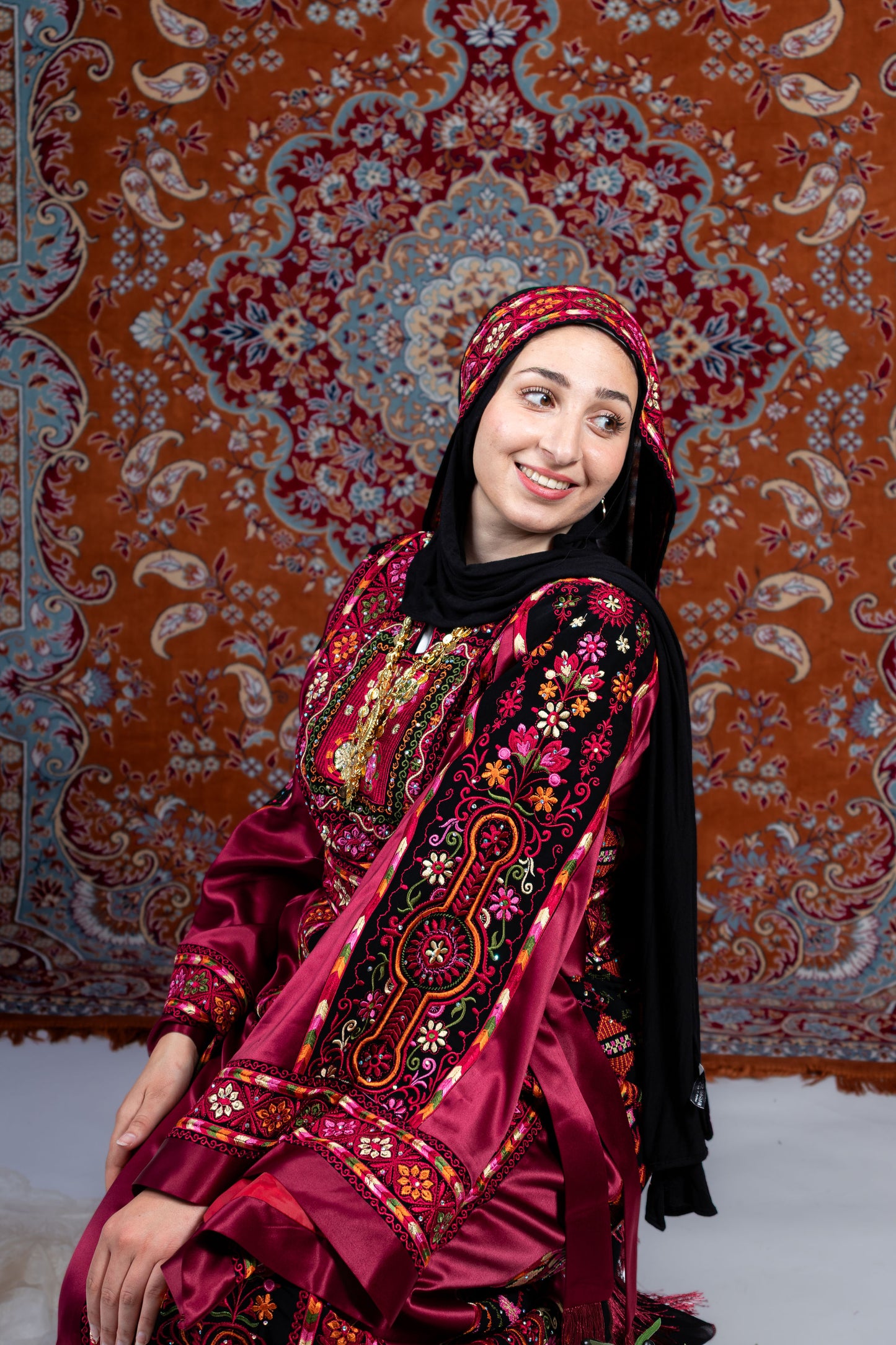 The Diana Thobe - Black & Burgundy Diamond Traditional Full Tatreez Back and Front Thobe With Matching Head Veil