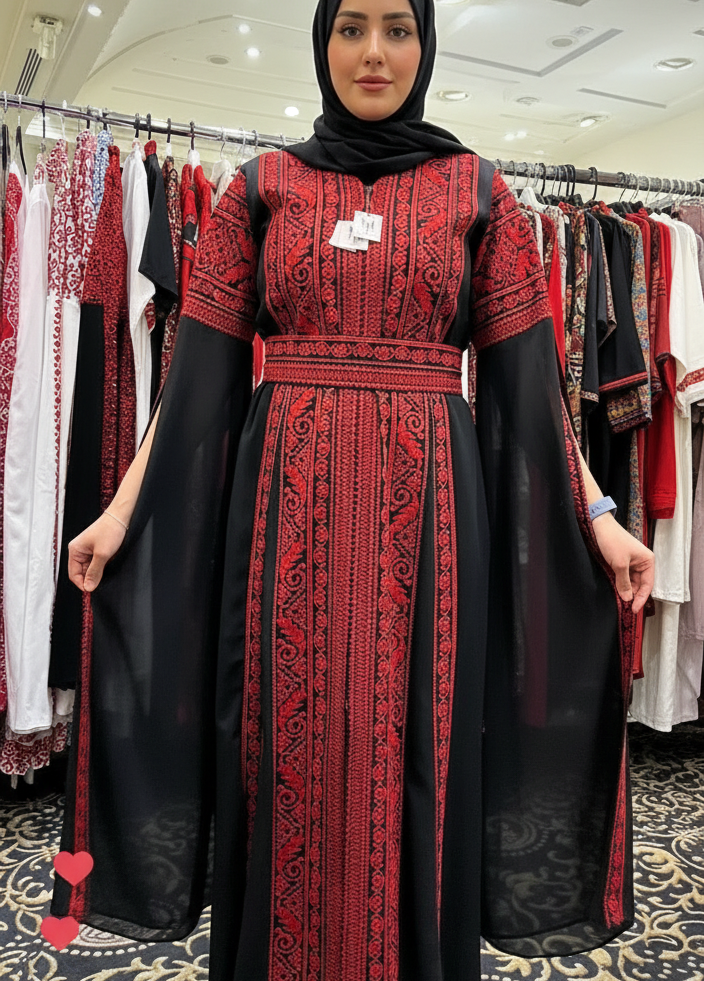 Black & Red Extra Long Sleeve Full Embroidered Palestinian Thobe (3 pieces) - Al Tulkarem Thobe