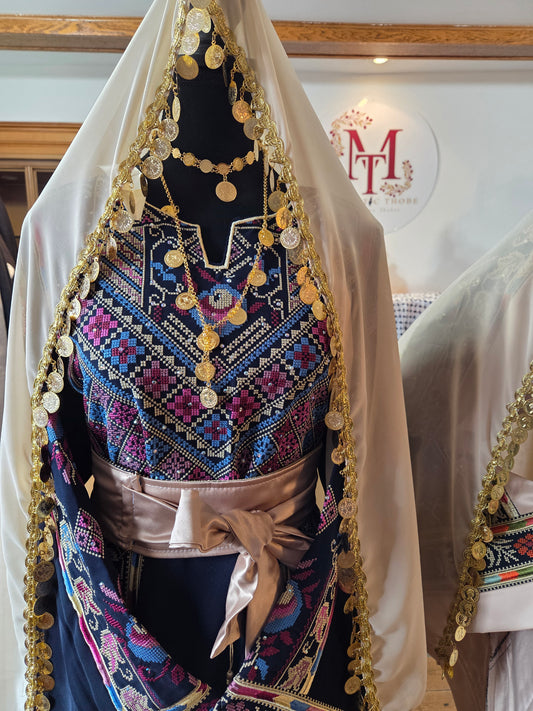 Tulip Thobe - Blue Flower Traditional Full Tatreez Back and Front Palestinian Thobe With Matching Head Veil