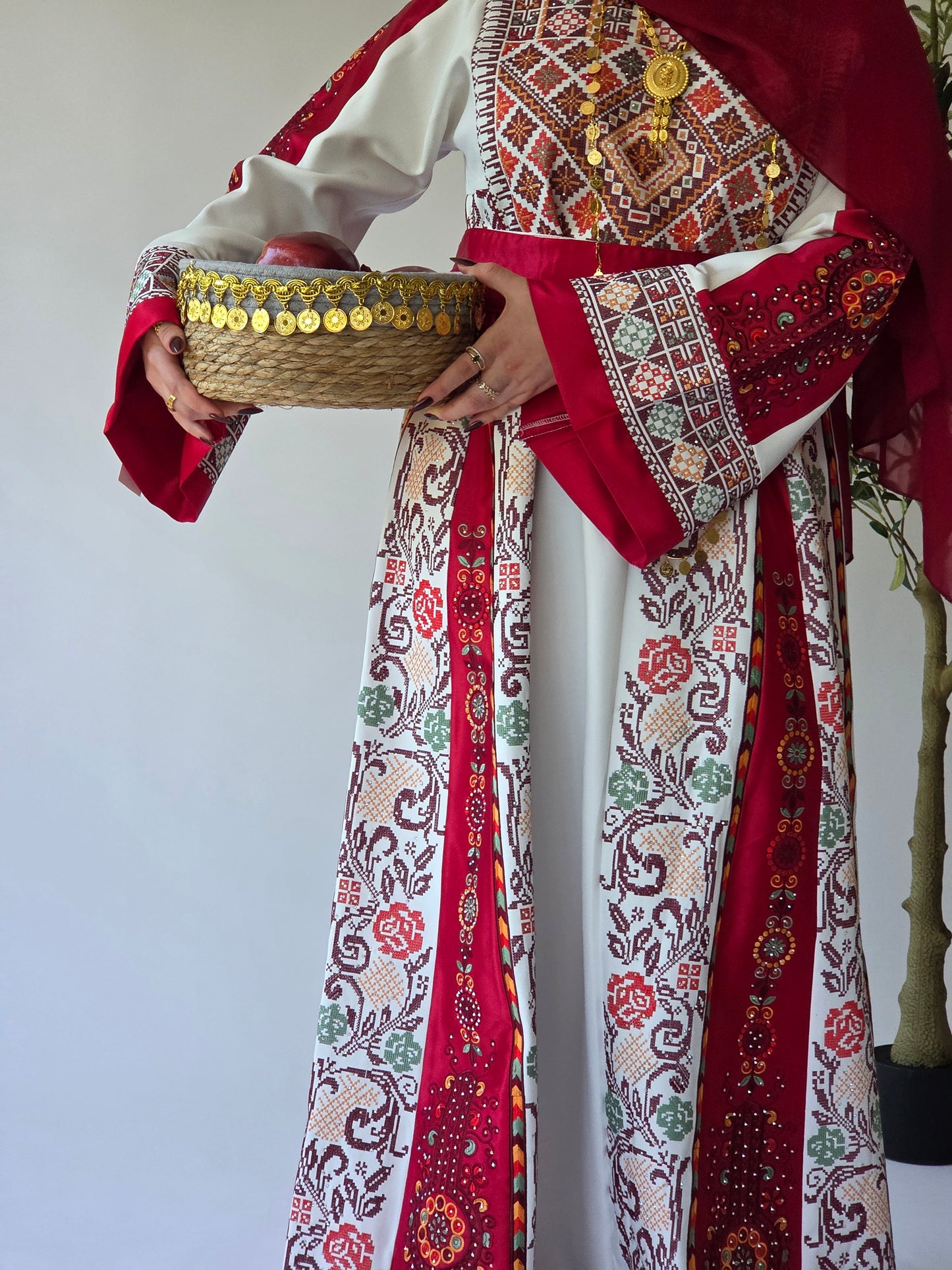 The Nisma Thobe - Bridal White and Red Traditional Full tatreez Back and Front Thobe With Matching Head Veil
