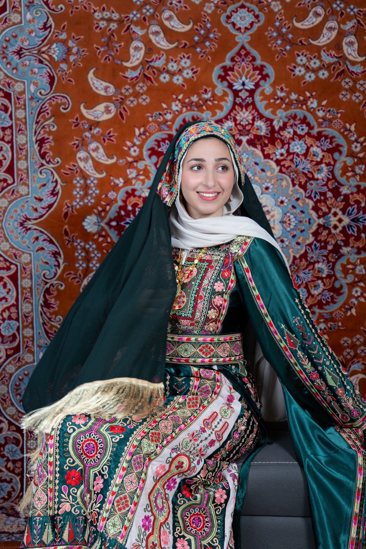 The Celine Thobe - Palestinian Embroidered  Emerald Thobe With Matching Head Veil, Belt & Extra Long Sleeves | Traditional Tatreez Dress