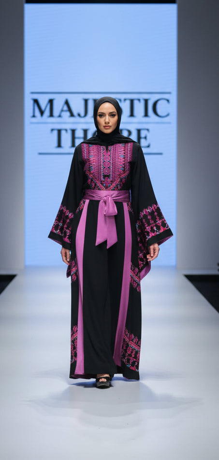 The Asia Thobe Black & Hot Pink Modern Full tatreez & Satin back and front Thobe With Matching head Veil