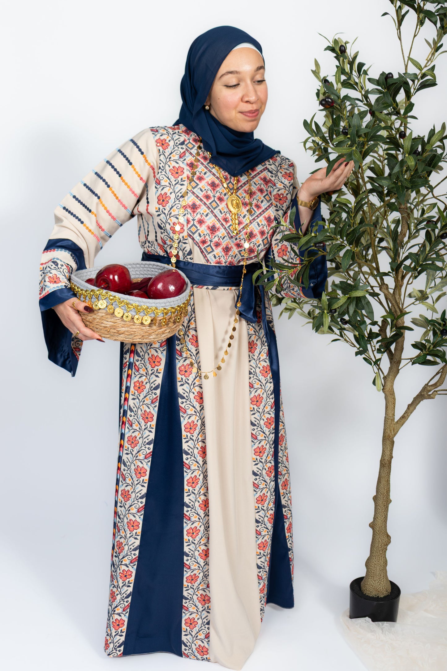 The Amal Thobe - Blue & Beige Diamond Traditional Full Tatreez Back and Front Thobe