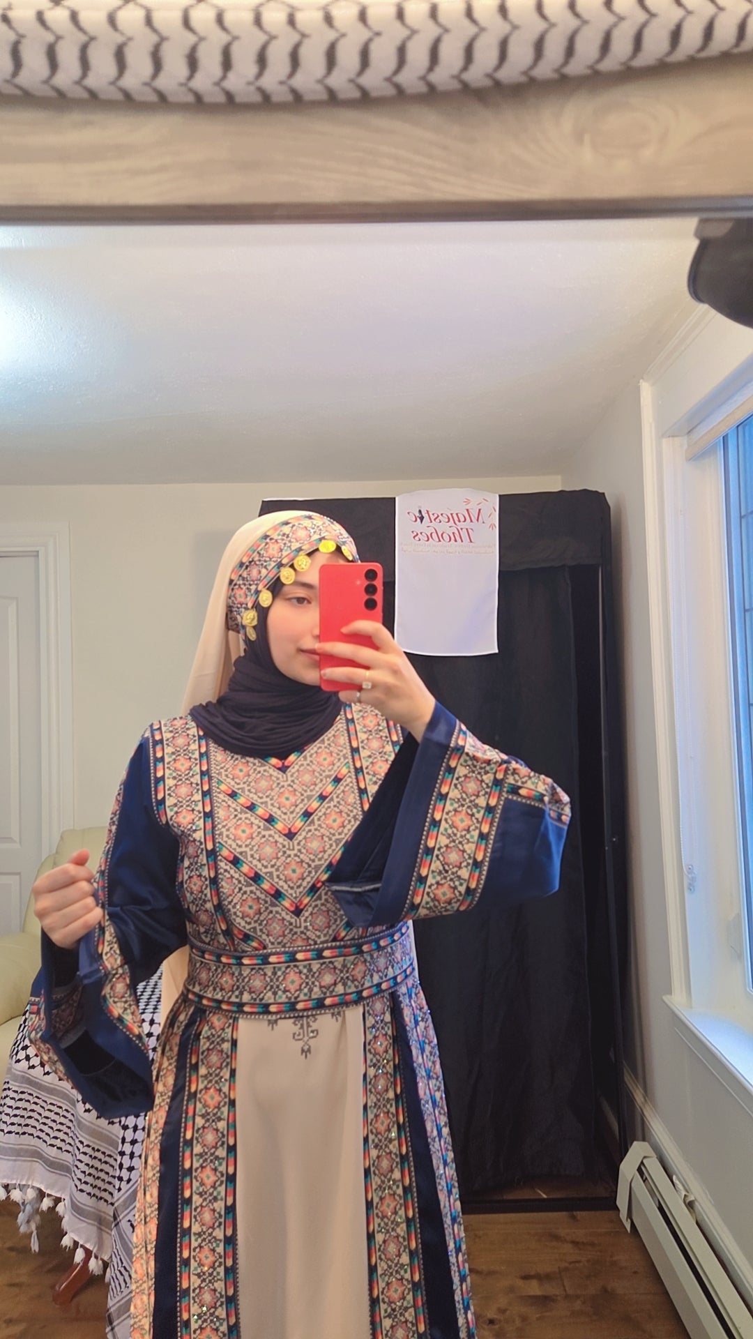 Nabuls Thobe - Navy and Beige Traditional Full tatreez back and front Thobe ( No veil)