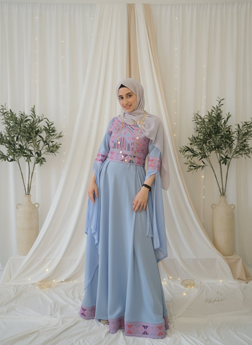 Sara - Blue with Pink Tatreez With Extra Long Sleeve Modern Dress Thobe