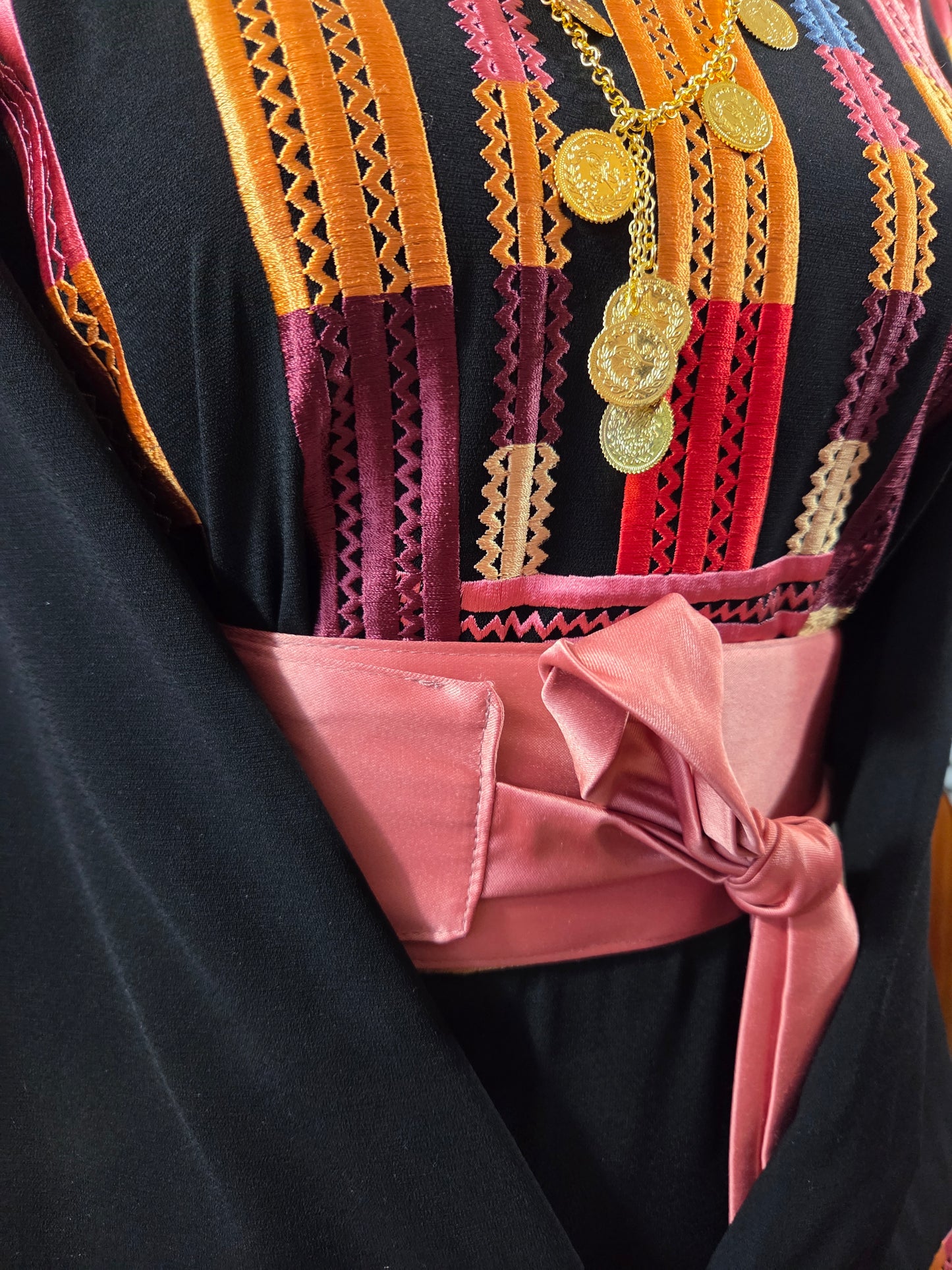 Lara Thobe - Multicolor Satin Pink Sleeve Thobe Tatreez Thobe