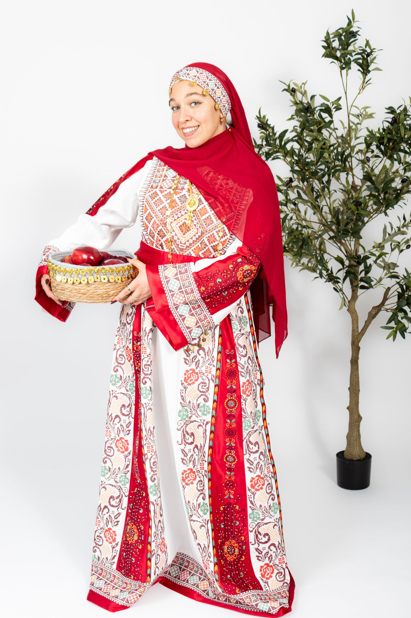 The Nisma Thobe - Bridal White and Red Traditional Full tatreez Back and Front Thobe With Matching Head Veil