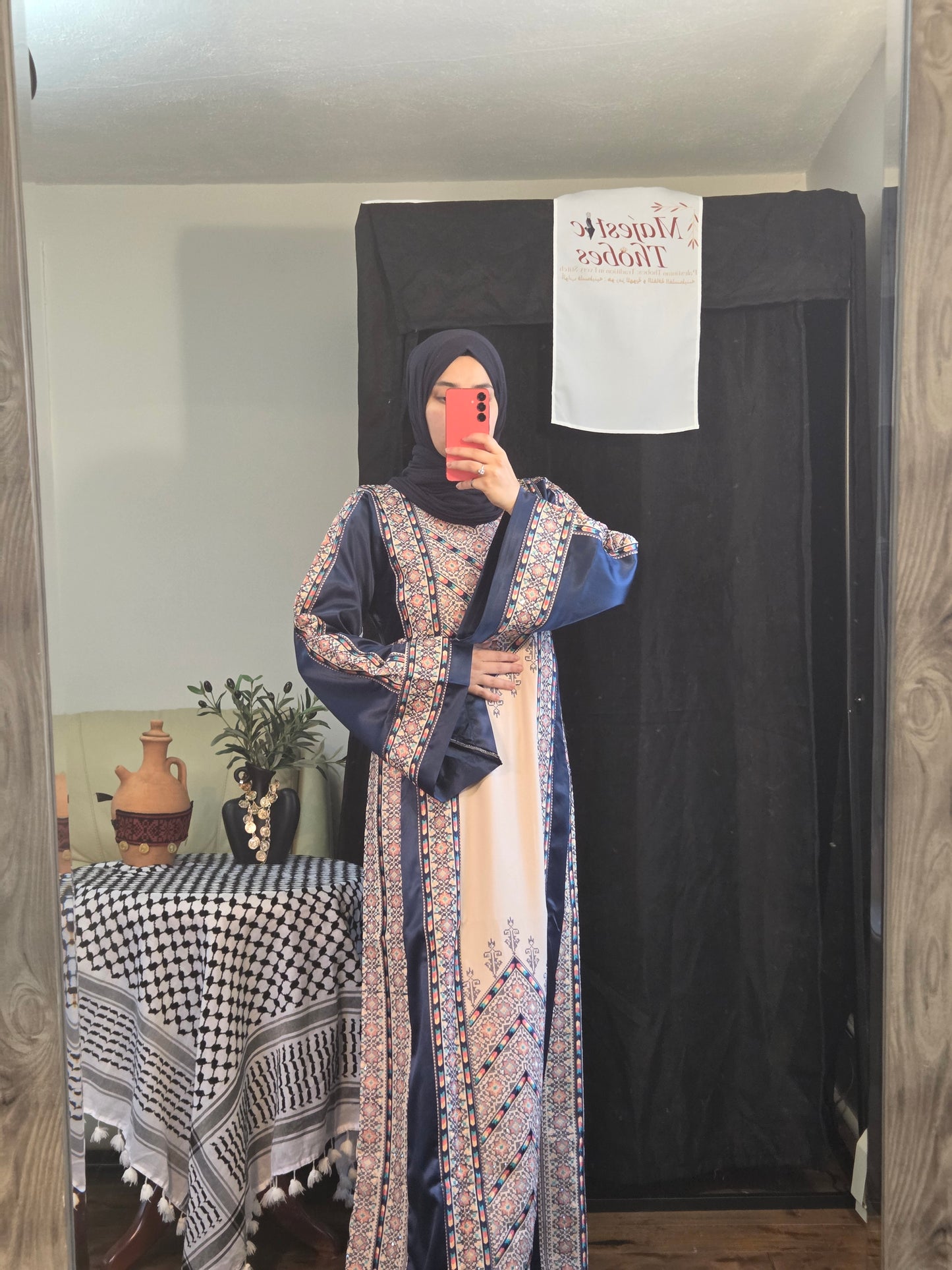 Nabuls Thobe - Navy and Beige Traditional Full tatreez back and front Thobe ( No veil)