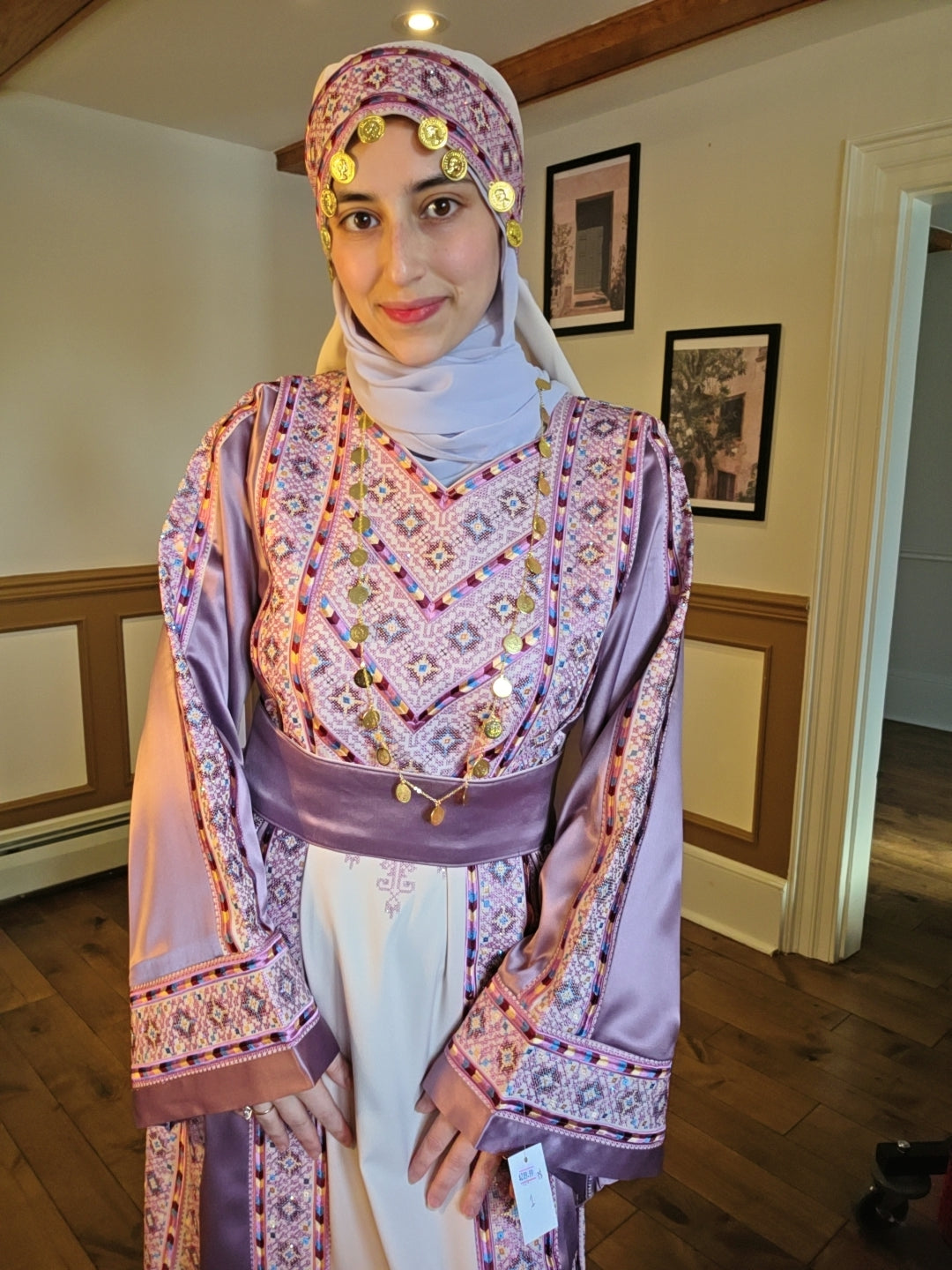 Nabuls Thobe - Lilac and Beige Traditional Full Tatreez Thobe ( No veil)