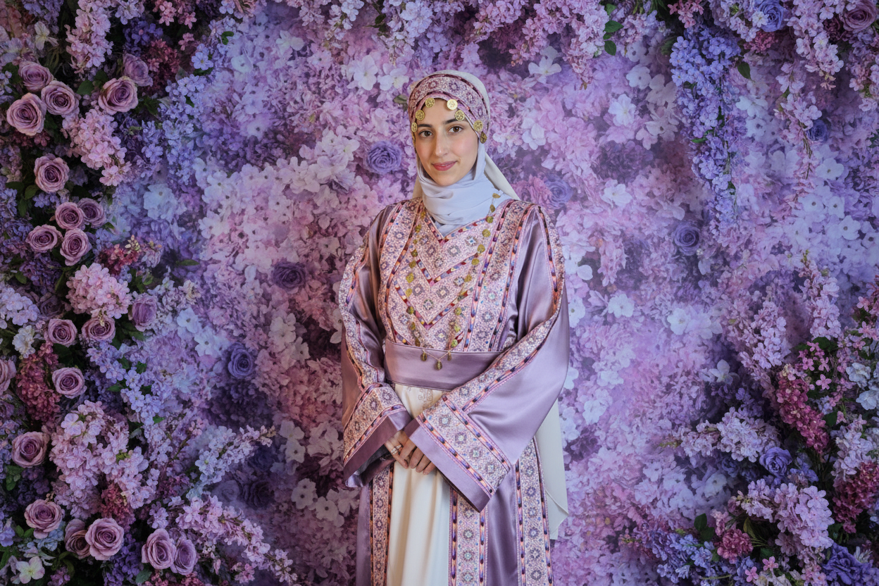 Nabuls Thobe - Lilac and Beige Traditional Full Tatreez Thobe ( No veil)