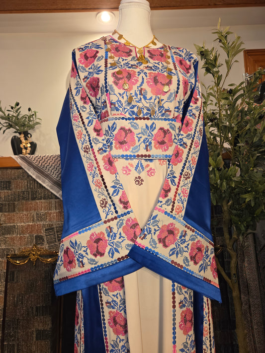 Warda Thobe - Blue & Pink Traditional Full Tatreez Back and Front With Satin Thobe