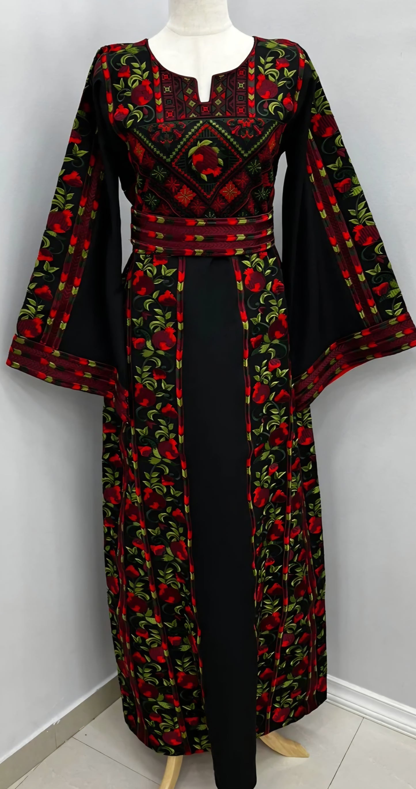 Romana Pomegranate Thobe/Dress Black and Red Traditional Full Tatreez Back and Front Thobe