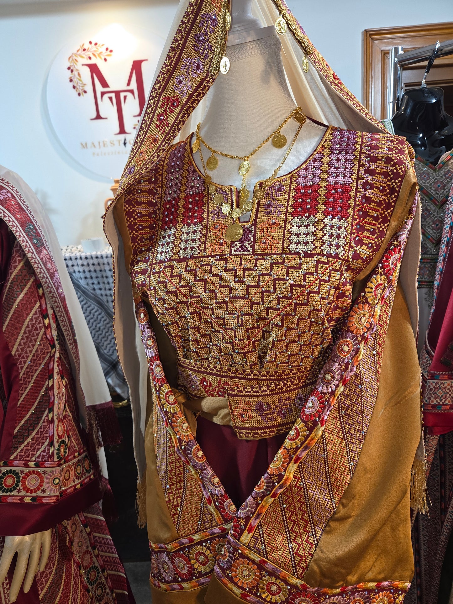 Naya Thobe - Burgundy and Gold Embroidered Tatreez Thobe with Matching Head Veil (Palestinian Thobe/ Dress)