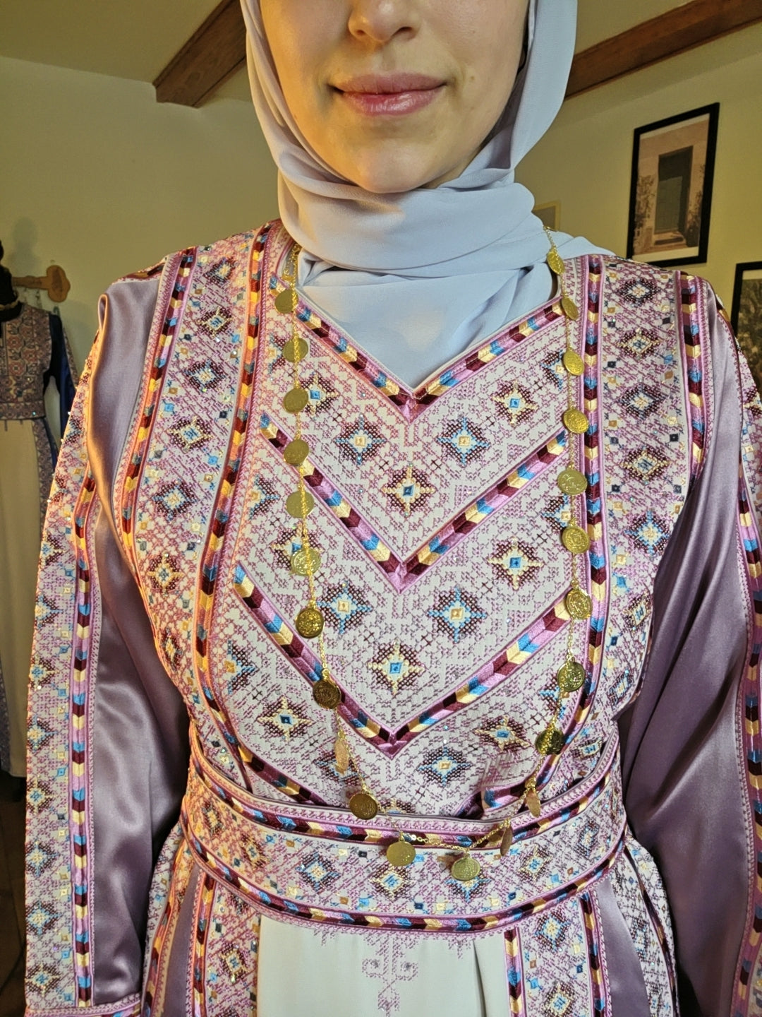 Nabuls Thobe - Lilac and Beige Traditional Full Tatreez Thobe ( No veil)