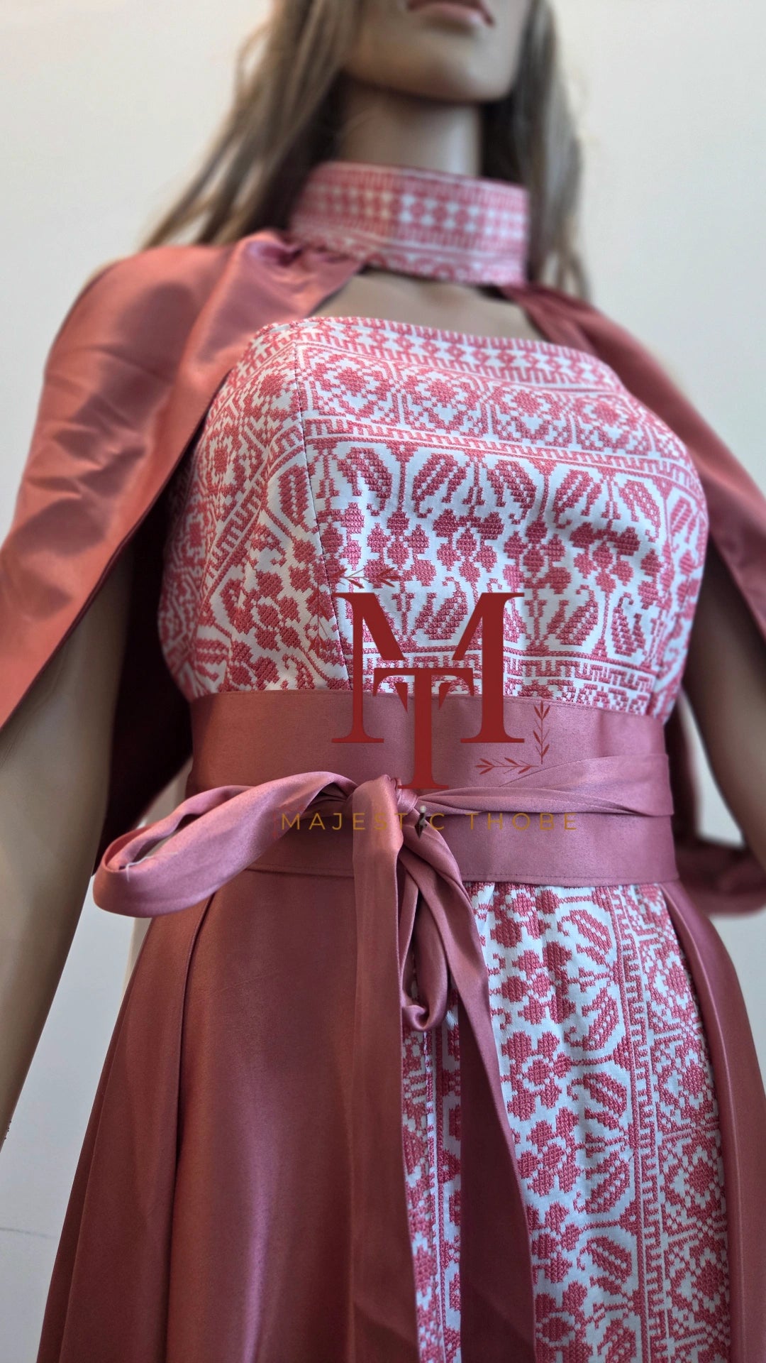 Rafah - Pink & White Modern Strapless Full Tatreez Thobe ( 4 Pieces)
