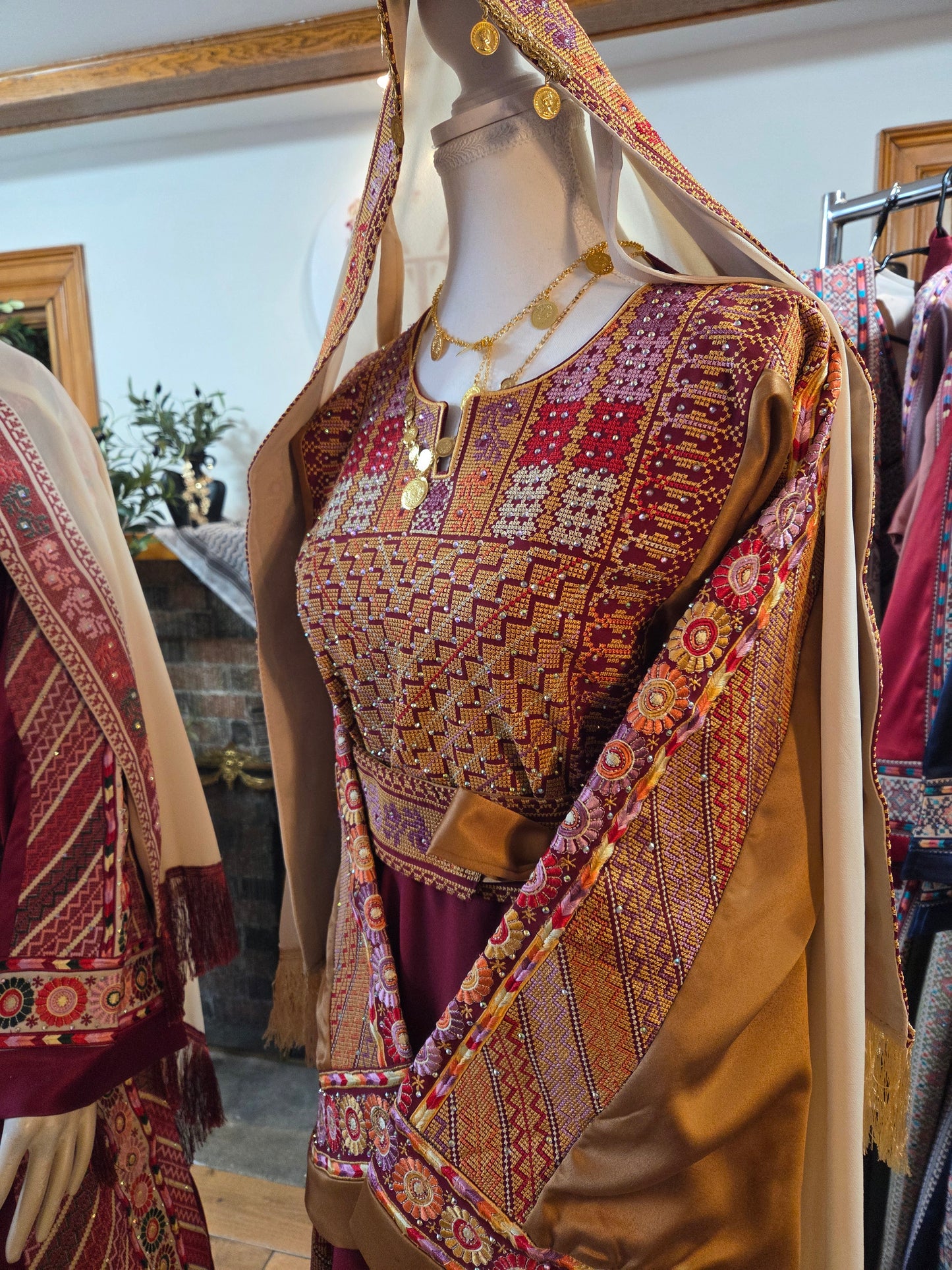 Naya Thobe - Burgundy and Gold Embroidered Tatreez Thobe with Matching Head Veil (Palestinian Thobe/ Dress)