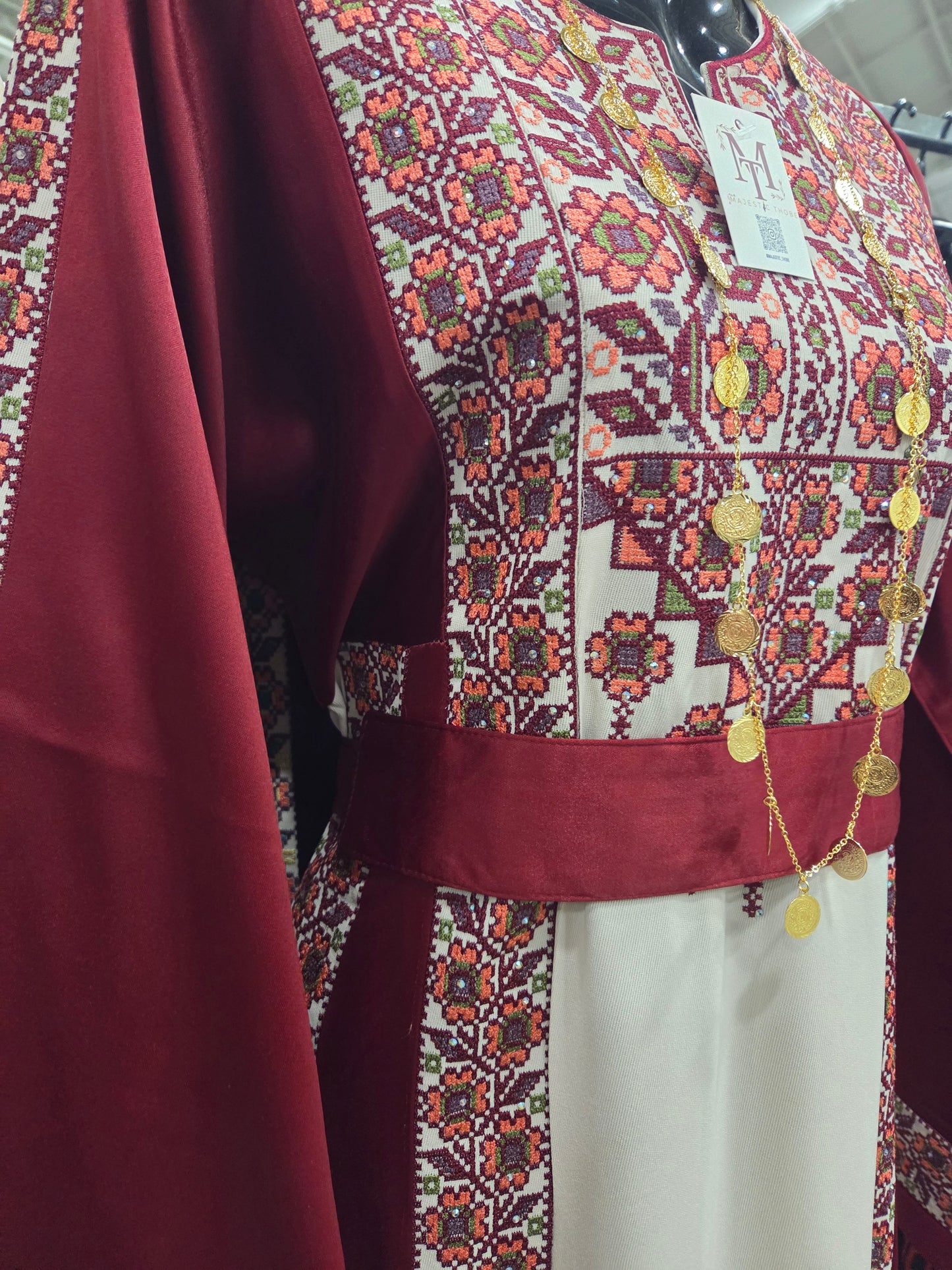 Burgundy With Flowers & Sparkle Traditional Long Sleeve Full Embroidered Palestinian Thobe/Dress