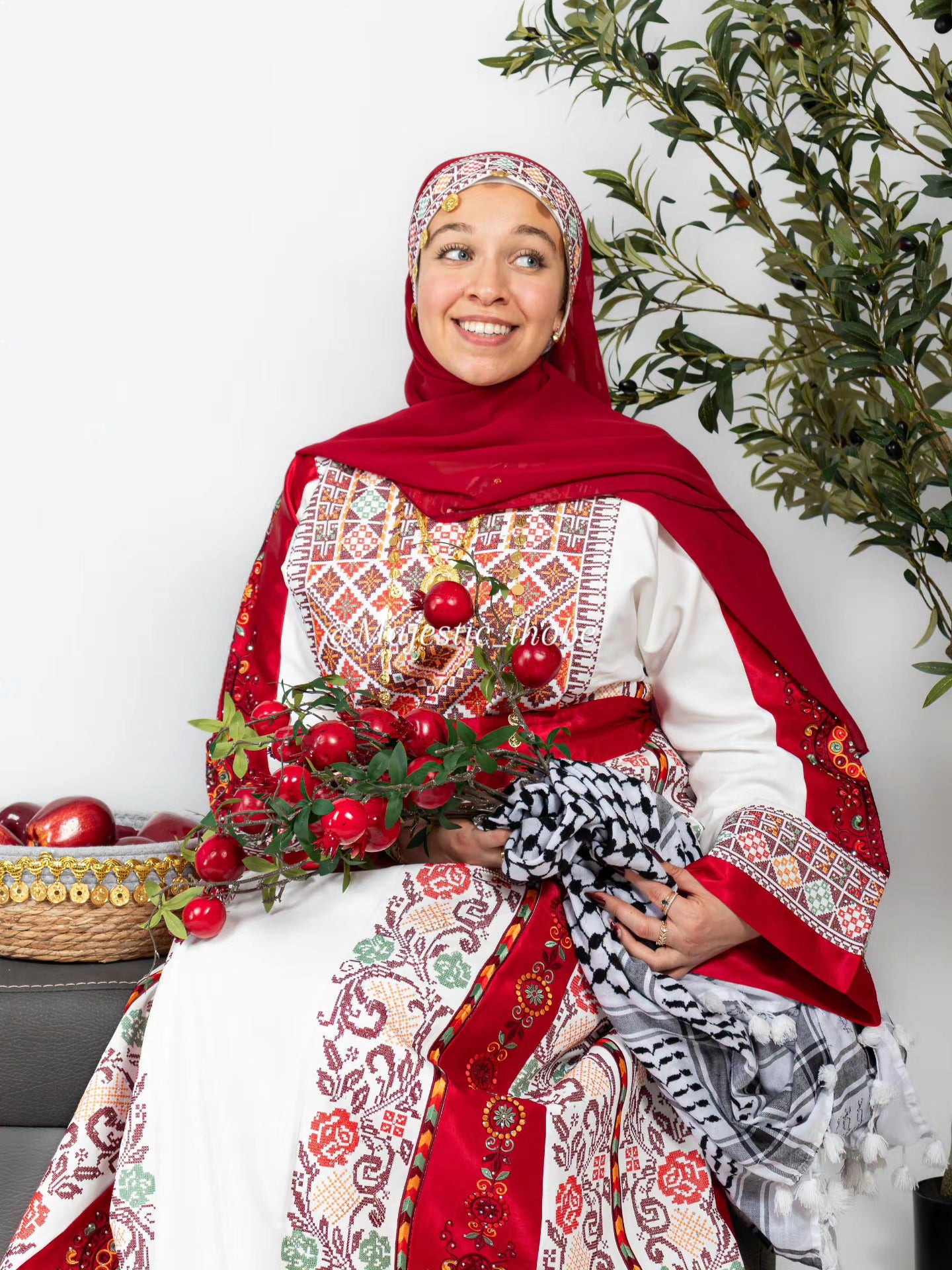 The Nisma Thobe - Bridal White and Red Traditional Full tatreez Back and Front Thobe With Matching Head Veil