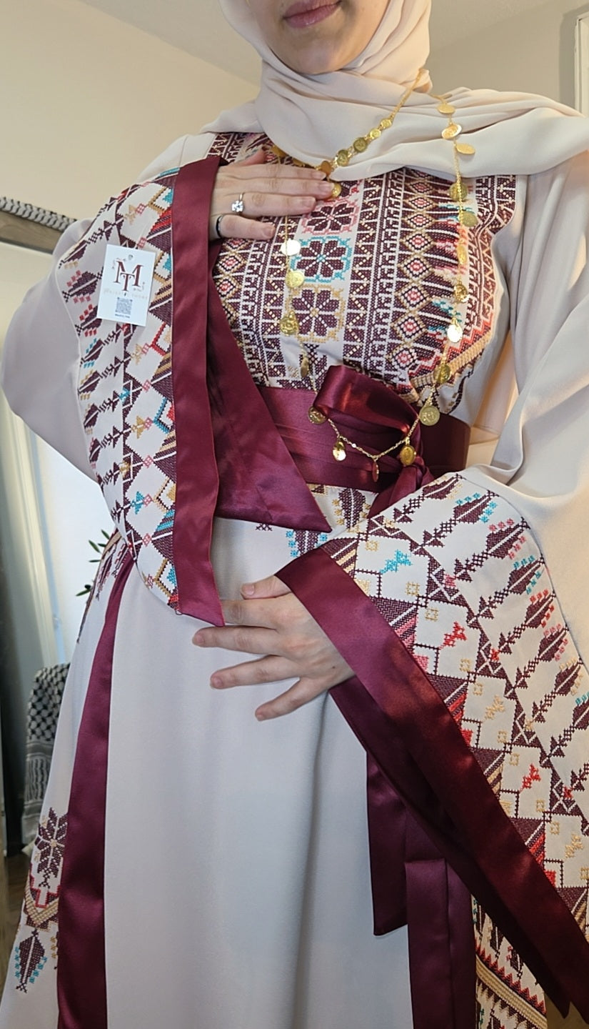 Asia Thobe Burgendy & Beige Modern Full tatreez & Satin back and front Thobe With Matching head Veil