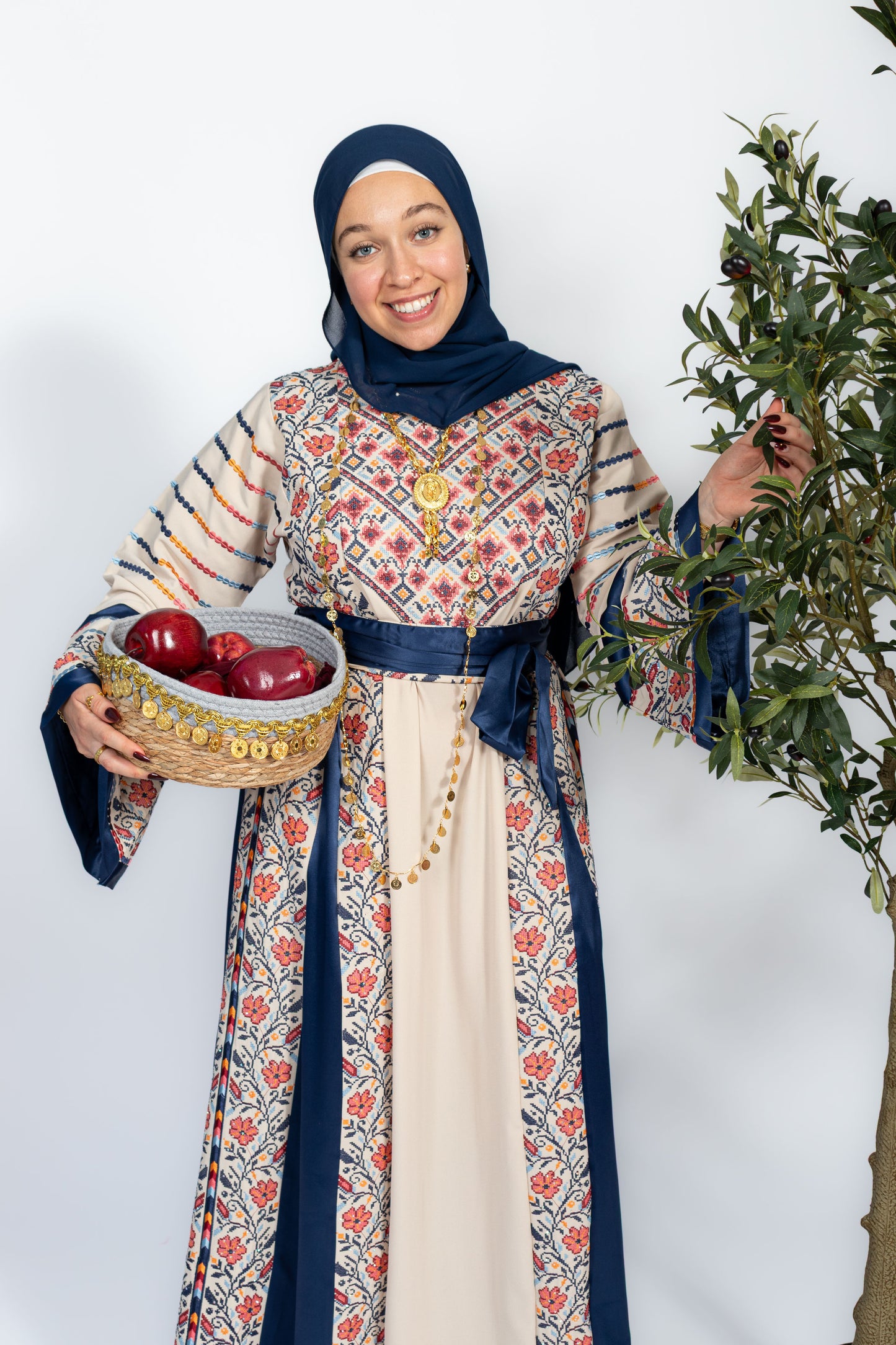 The Amal Thobe - Blue & Beige Diamond Traditional Full Tatreez Back and Front Thobe