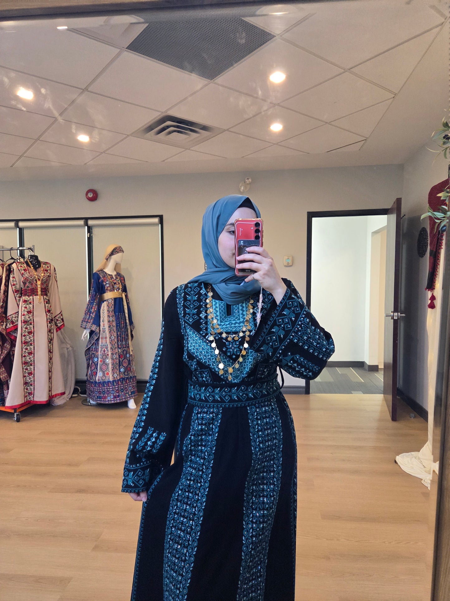 The Fayroz Thobe - Palestinian Embroidered Black & Turquoise Thobe | Traditional Tatreez Dress
