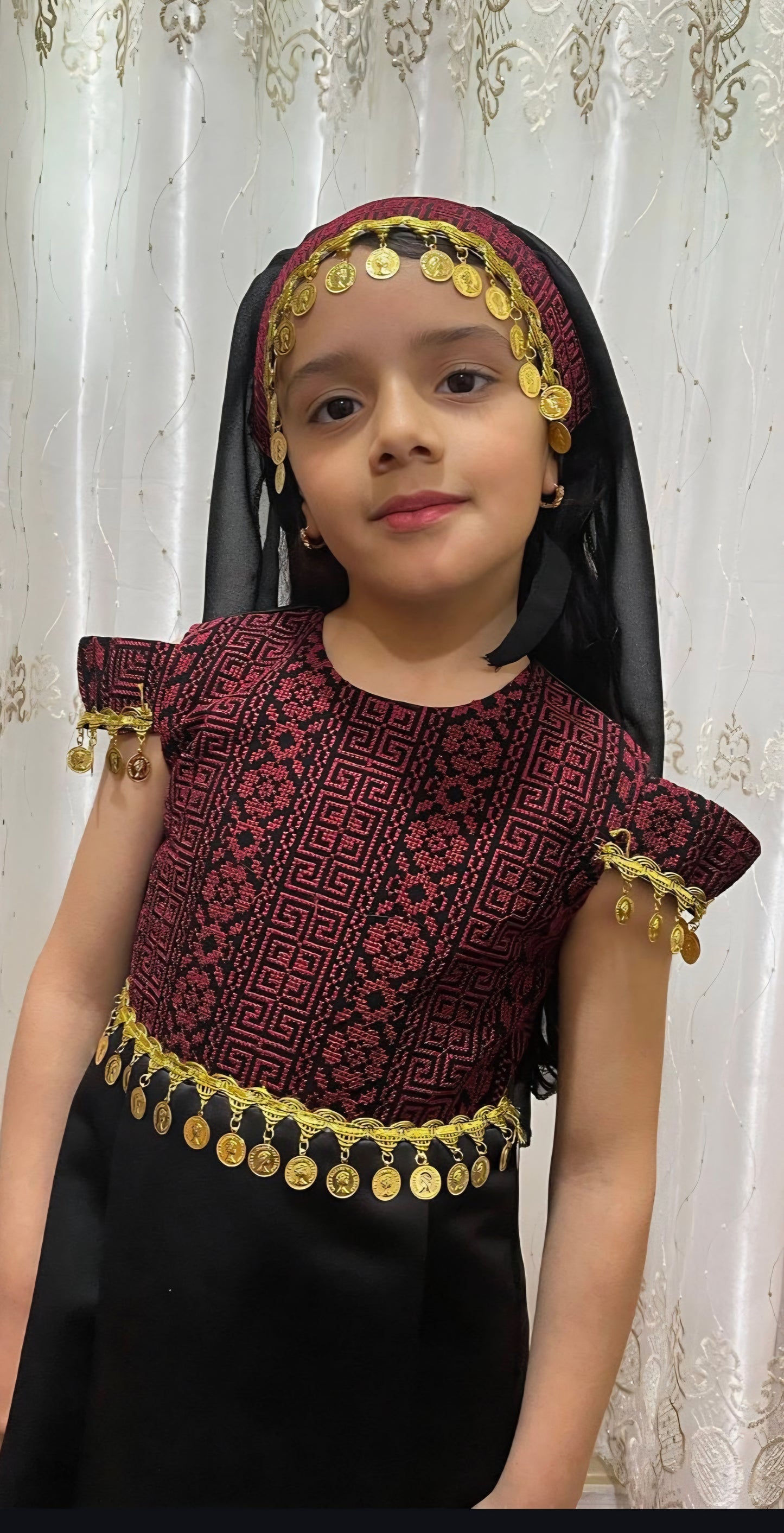 Kids Black & Pink Sleeveless Full Embroidered Palestinian Thobe with head Veil