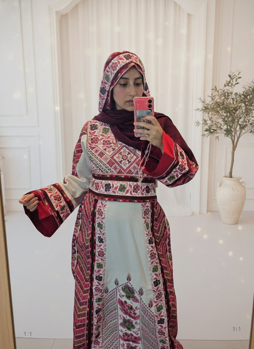 Flora Thobe Floral Traditional Full Tatreez back and front Thobe With Veil