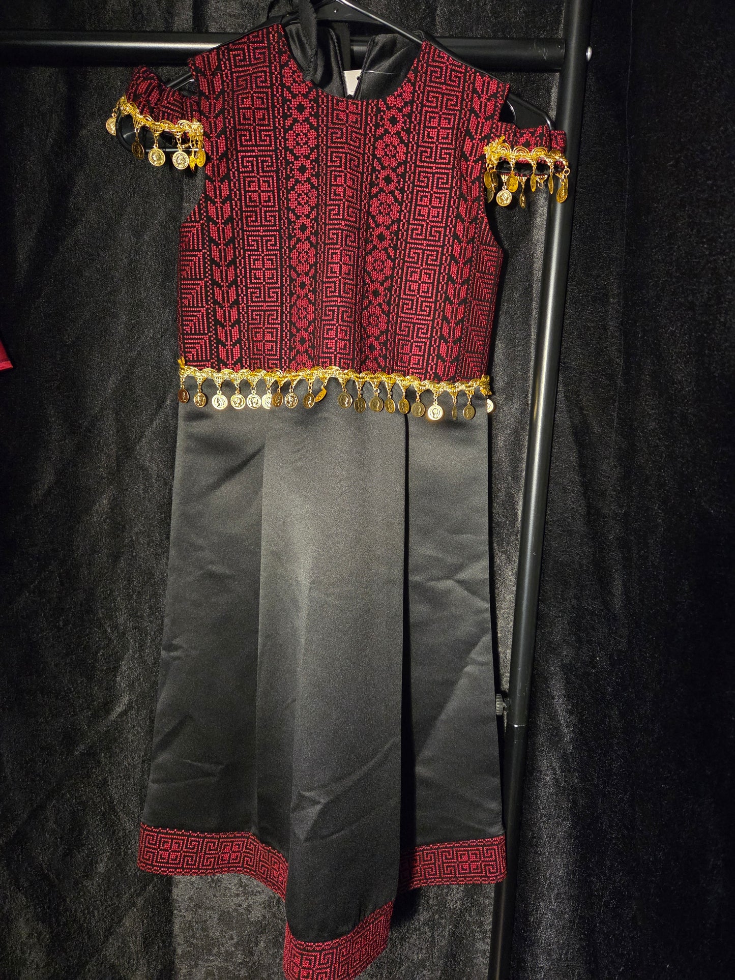 Kids Black & Pink Sleeveless Full Embroidered Palestinian Thobe with head Veil