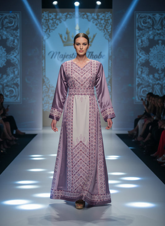 Nabuls Thobe - Lilac and Beige Traditional Full Tatreez Thobe ( No veil)